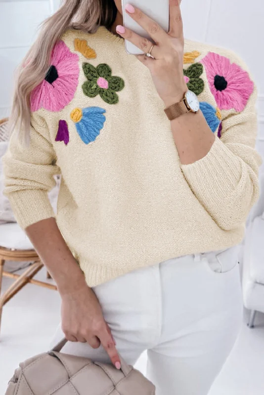 Knitted Flower Pattern Ribbed Edge Sweater Layered Multi-layer Single Layer