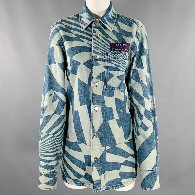 STELLA McCARTNEY Size XXS Blue Light Blue Cotton Optical Jacket Belted Jacket Elasticated Jacket Padded Jacket STELLA McCARTNEY Size XXS Blue Light Blue Cotton Optical Jacket Belted Jacket Elasticated Jacket Padded Jacket