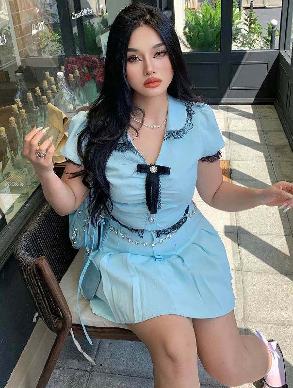 Chica Plus Size Solid Color Baby Blue Short Sleeve Bow Brooch Button Up Patchwork Lace Top + Plus Size Pleated Mini Skirt Matching Set leather skirt modern