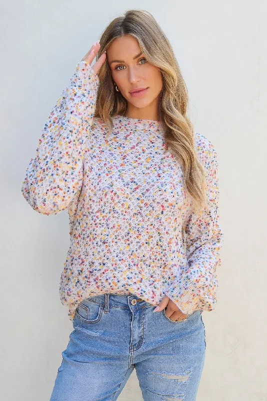 Confetti Knit Popcorn Sweater Top Mesh Sweater Canvas Denim
