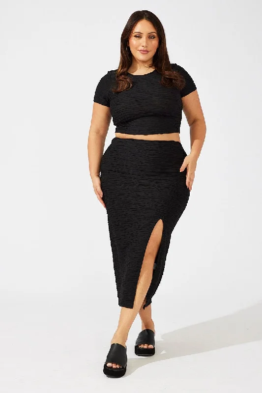 Black Wavy Texture Bodycon Split Skirt chiffon skirt airy
