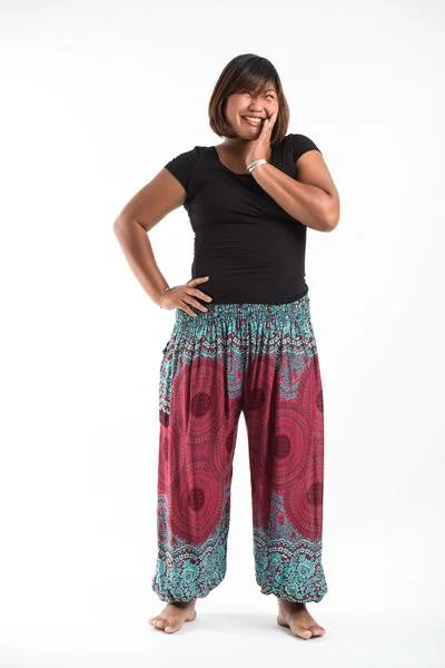 Plus Size Unisex Geometric Mandalas Harem Pants in Red Classic Pleated Pants