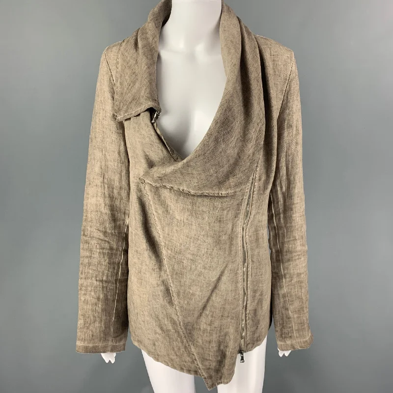 INIZIO Size L Grey Linen Asymmetrical Jacket Embroidered Jacket Appliqued Jacket Beaded Jacket