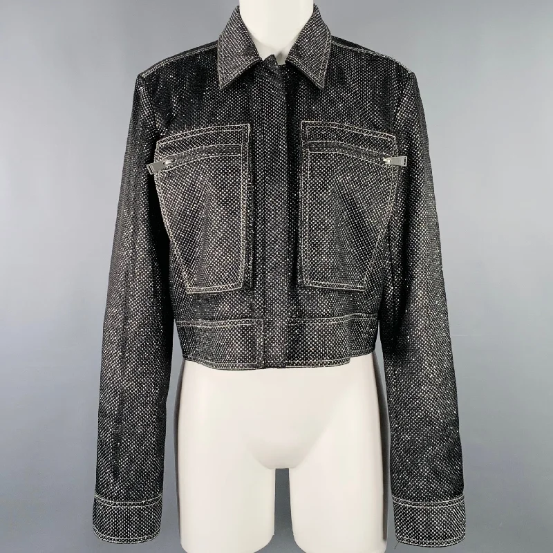 JONATHAN SIMKHAI Size M Black Silver Glittered Cropped Jacket Blazer Faux Fur Jacket Real Fur Jacket Shearling Jacket JONATHAN SIMKHAI Size M Black Silver Glittered Cropped Jacket Blazer Faux Fur Jacket Real Fur Jacket Shearling Jacket