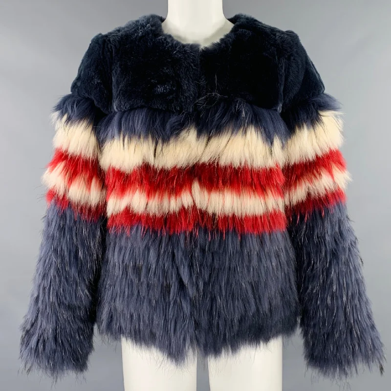 TWIN SET Size 4 Navy Red White Stripe Fur Jacket Faux Fur Jacket Real Fur Jacket Shearling Jacket