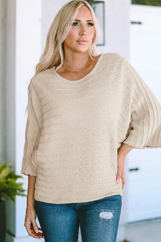 Apricot Ribbed Knit Dolman Sweater with Exposed Seams Fitted Slim Tailored