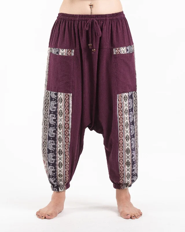 Unisex Elephant Aztec Cotton Harem Pants in Purple Lightweight Linen Pants