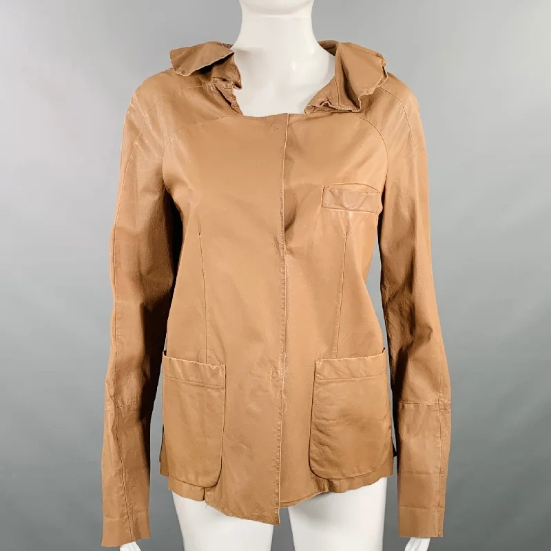 MARNI Size 4 Brown Leather Calfskin Snaps Jacket Blazer Elasticated Jacket Padded Jacket Insulated Jacket