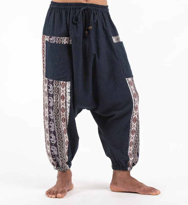 Unisex Elephant Aztec Cotton Harem Pants in Navy Sleek Black Pants