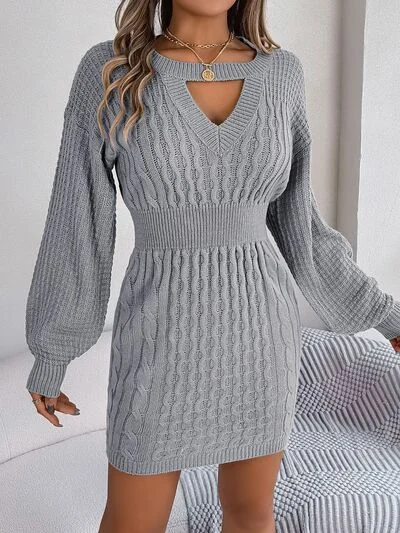 Cable-Knit Cutout Round Neck Slit Sweater Stylish Fashionable Trendy
