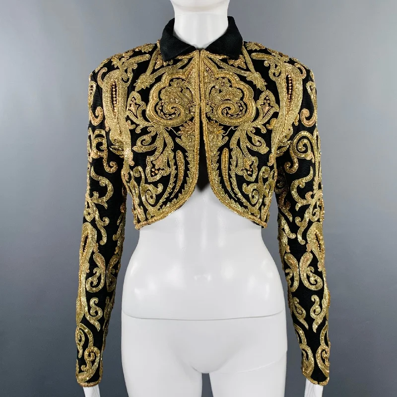 GENNY Size 8 Black Gold Taffeta Embroidered Bolero Jacket Wool Fabric Cashmere Fabric Tweed Fabric