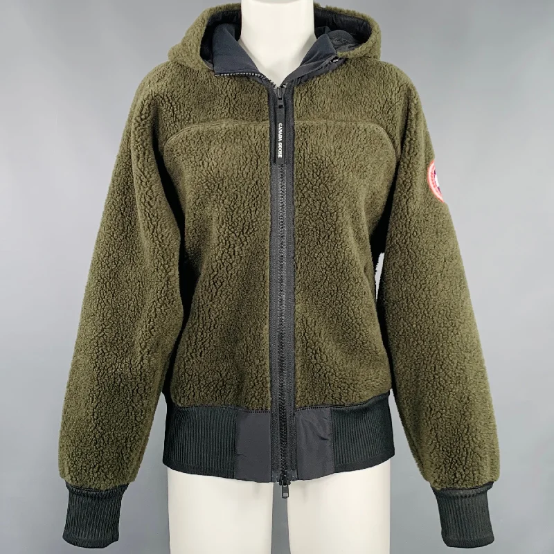 CANADA GOOSE Size S Green Black Polyester Wool Hooded Jacket Faux Fur Fabric Real Fur Fabric Shearling Fabric CANADA GOOSE Size S Green Black Polyester Wool Hooded Jacket Faux Fur Fabric Real Fur Fabric Shearling Fabric