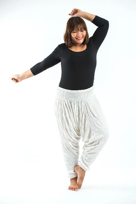 Plus Size Unisex Crinkled Cotton Harem Pants in White Chic Checkered Pants