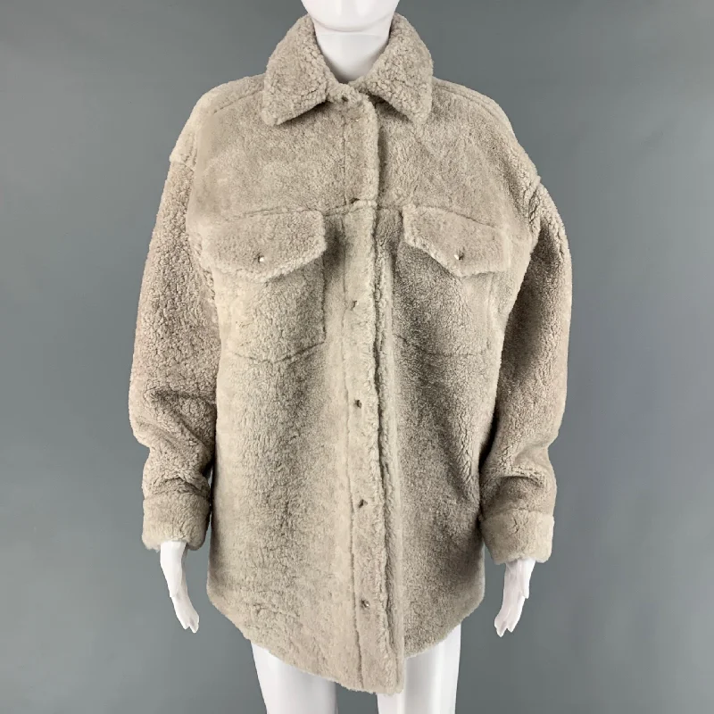 IRO Size L Grey Black Shearling Oversized Jacket Snapped Jacket Toggled Jacket Drawstring Jacket