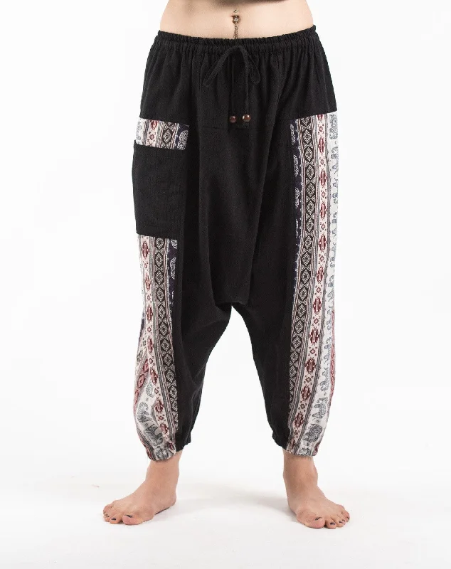 Unisex Elephant Aztec Cotton Harem Pants in Black Trendy Printed Pants