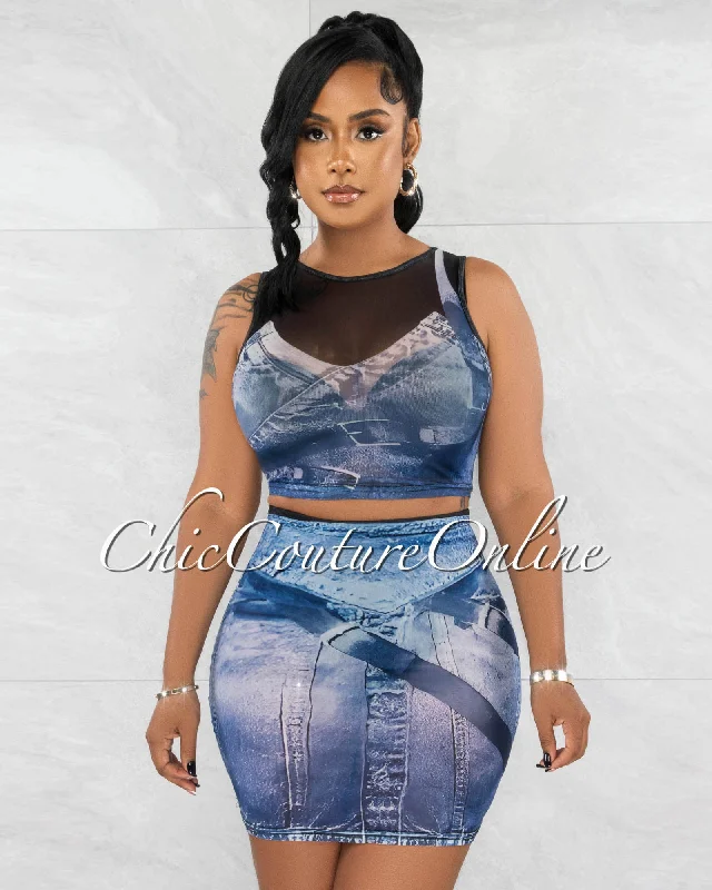 Brandie Denim Patch Print Top & Mini Skirt Mesh Set wool skirt breathable