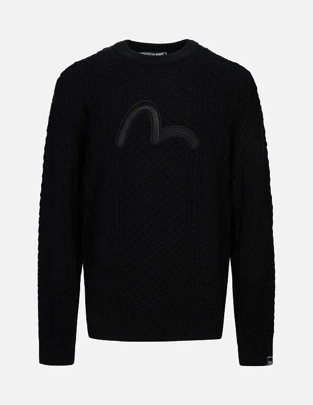 Seagull Embroidery Cable Knit Regular Fit Sweater Notch Collar Peter Pan Collar Cowl Neck