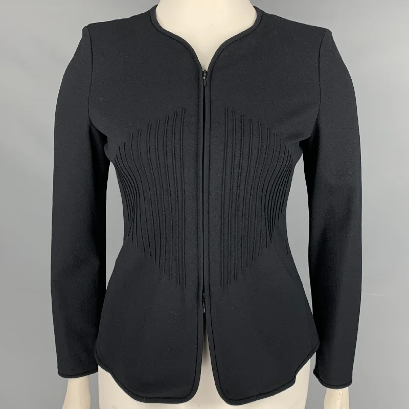 ARMANI COLLEZIONI Size 12 Black Collarless Lines Zip Up Jacket Satin Jacket Silk Jacket Chiffon Jacket