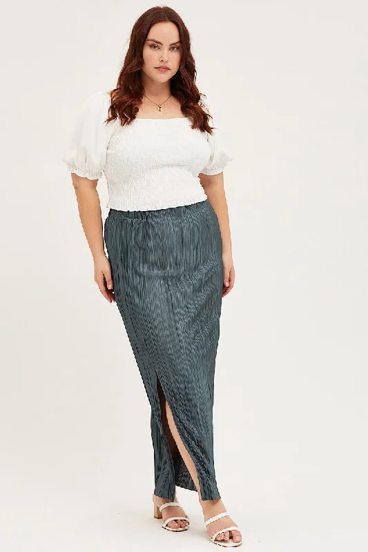 Green Plisse Midi Split Skirt leather skirt durable