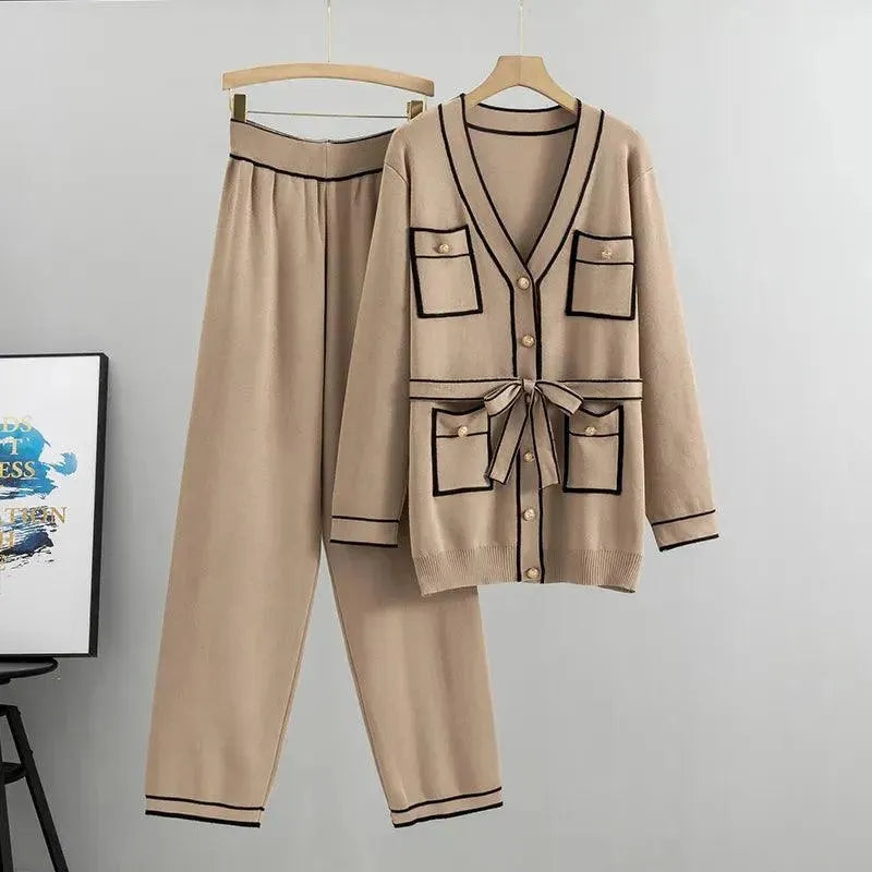 Multi-pockets Two-Piece Women Pants Sweater Set Long Sweater Short Sweater Cropped Sweater