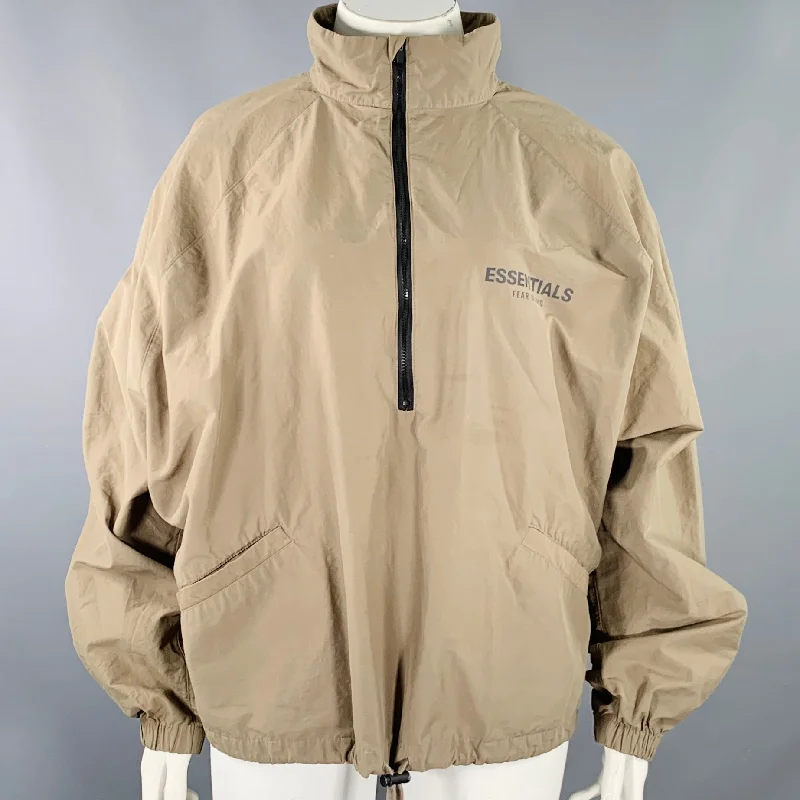 ESSENTIALS Size L Tan Cotton Nylon Logo Half Zip Jacket Front Pockets Side Pockets Patch Pockets ESSENTIALS Size L Tan Cotton Nylon Logo Half Zip Jacket Front Pockets Side Pockets Patch Pockets