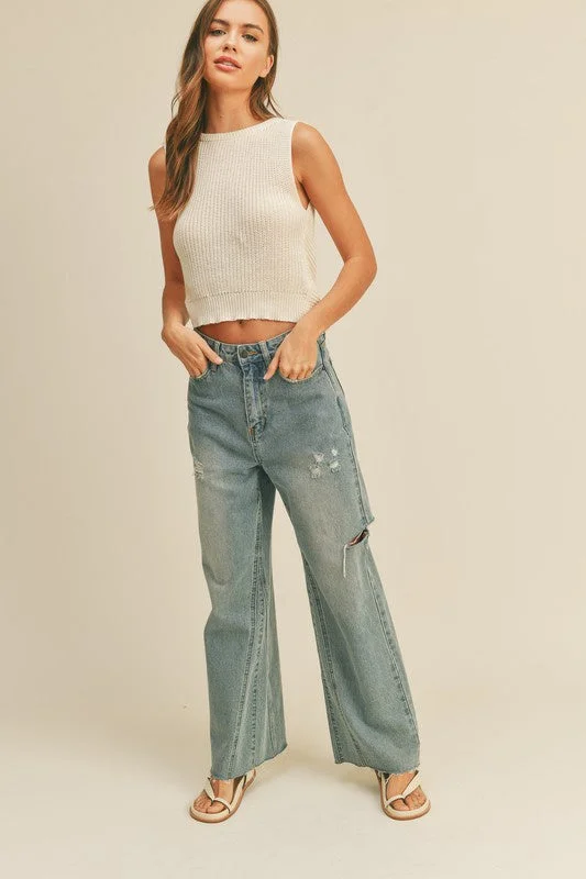 Cut Out Wide Leg Denim Pants Classic Chino Pants