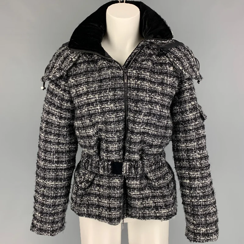 EMPORIO ARMANI Size 4 Black White Wool Woven Hooded Jacket Denim Jacket Leather Jacket Suede Jacket EMPORIO ARMANI Size 4 Black White Wool Woven Hooded Jacket Denim Jacket Leather Jacket Suede Jacket