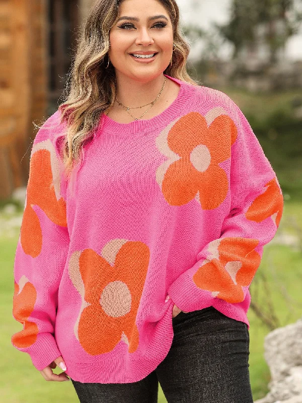Bonbon Plus Size Flower Pattern Drop Shoulder Sweater Notch Collar Peter Pan Collar Cowl Neck Bonbon Plus Size Flower Pattern Drop Shoulder Sweater Notch Collar Peter Pan Collar Cowl Neck
