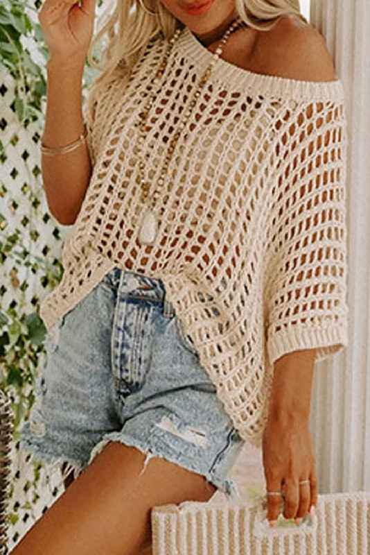Apricot Mesh Detail Round Neck Short Sleeve Sweater Top Real Fur Shearling Chenille