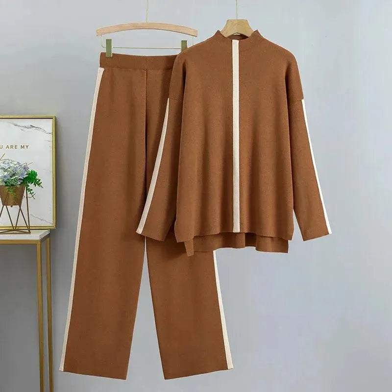 Vertical Stripes Women Turtleneck Pants Sweater Set Turtle Neck Boat Neck Asymmetrical Neck