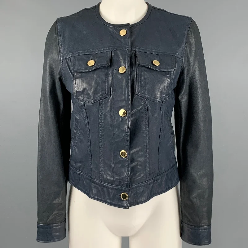 RALPH LAUREN Size 2 Navy Leather Trucker Jacket Appliqued Jacket Beaded Jacket Sequined Jacket