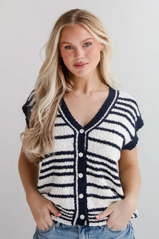 FINAL SALE - Cutest Coziness White Striped Sweater Vest Spandex Rayon Corduroy