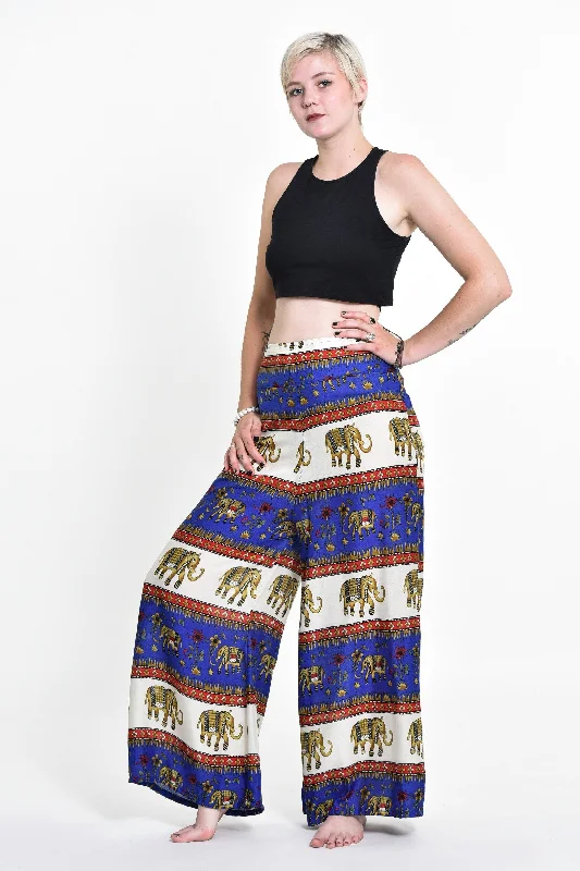 Womens Elephant Bliss Palazzo Pants in Blue High-Waist Trousers
