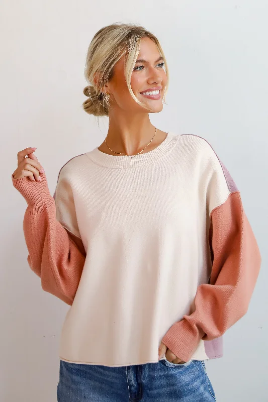 Complete Sophisticate Cream Color Block Sweater Spandex Rayon Corduroy