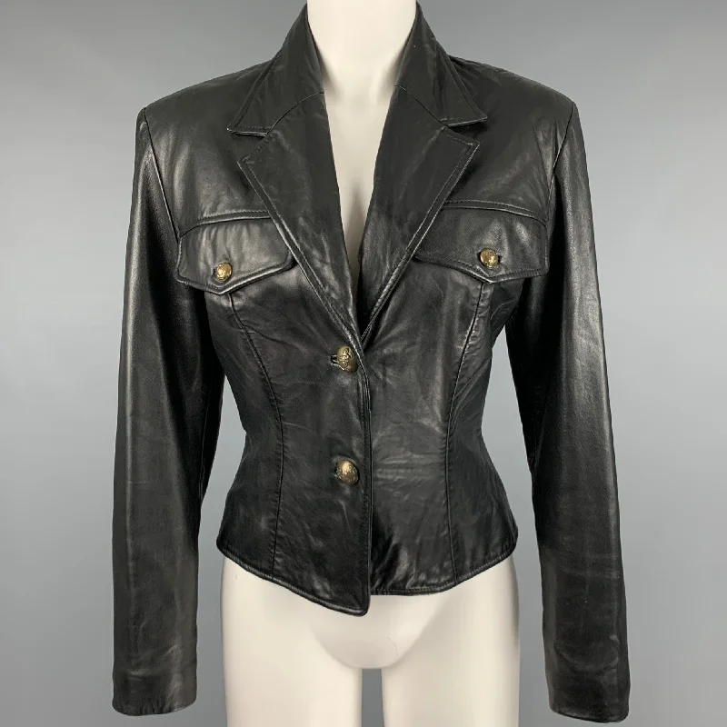 NORTH BEACH LEATHER Size 6 Black Leather Single Breasted Jacket Ribbed Jacket Pleated Jacket Ruffled Jacket