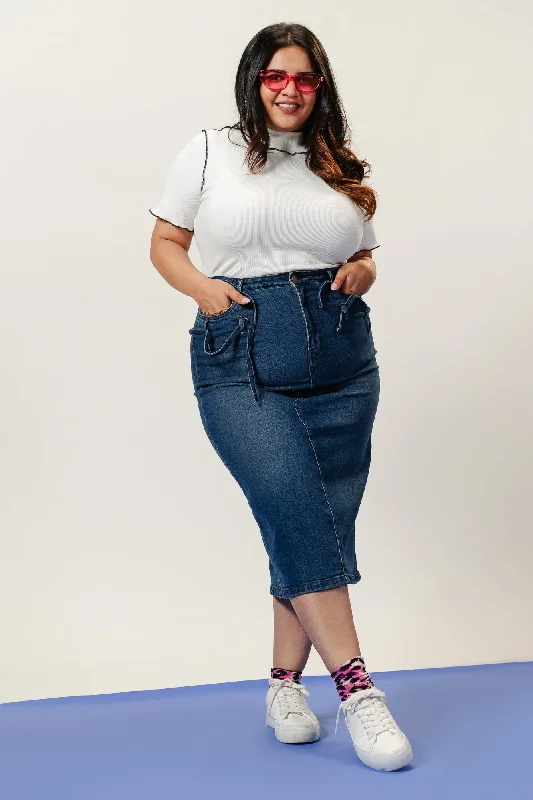Curve Front Drawstring Indigo Skirt denim skirt casual