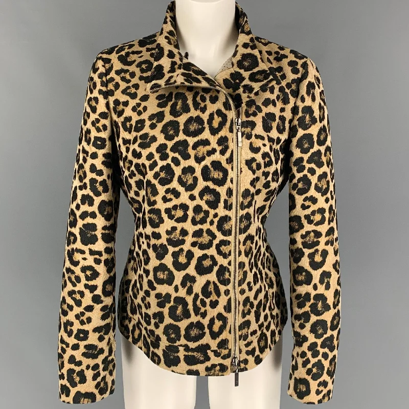 GIORGIO ARMANI Size 6 Tan Black Polyester Animal Print Jacquard Zip Up Jacket Bomber Jacket Anorak Windbreaker GIORGIO ARMANI Size 6 Tan Black Polyester Animal Print Jacquard Zip Up Jacket Bomber Jacket Anorak Windbreaker