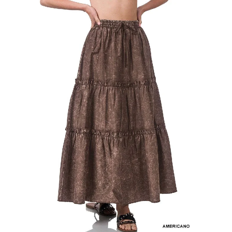 Woven Acid Wash Tiered Ruffle Maxi Skirt corduroy skirt comfortable