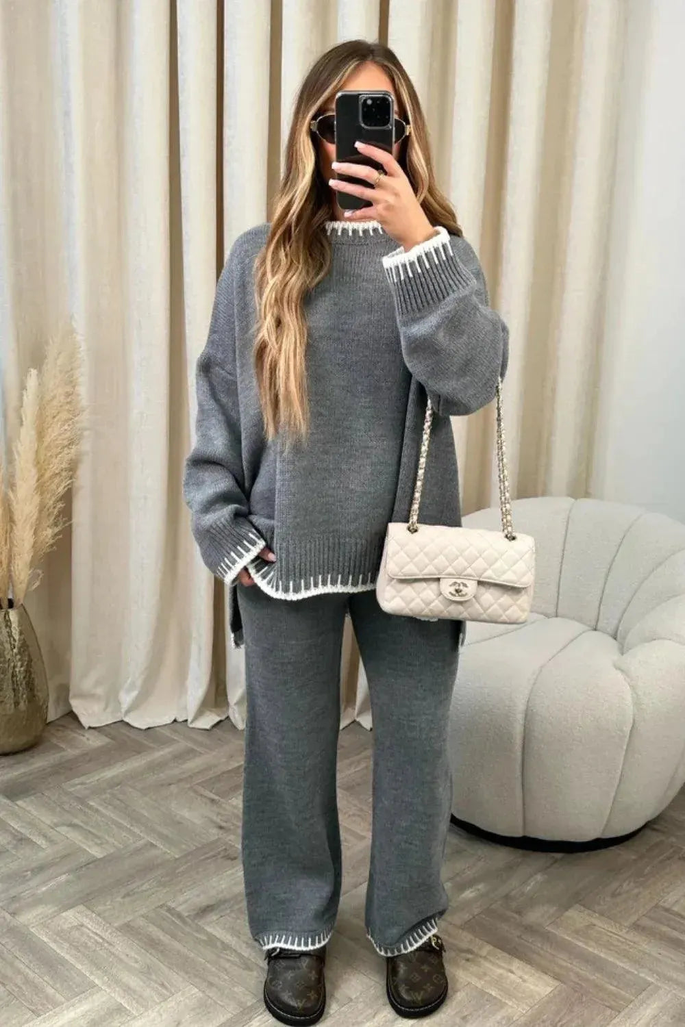 Loose Stripes Women Pants Sweater Set Solid Color Striped Floral Print