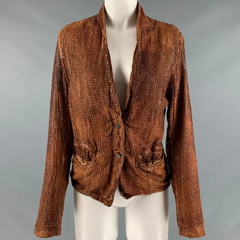 GIORGIO BRATO Size 6 Brown Perforated Button Up Jacket Jersey Jacket Tulle Jacket Batik Jacket