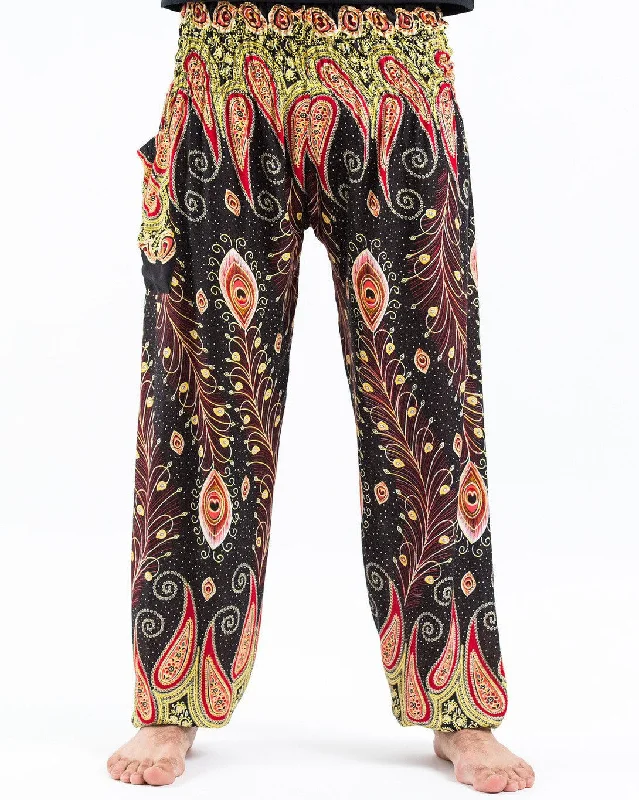 Unisex Peacock Paisley Harem Pants in Black Comfy Cargo Trousers