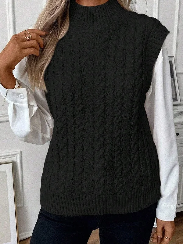 Black Cable Knit Sleeveless High Neck Sweater Vest Faux Fur Fabric Real Fur Fabric Shearling Fabric