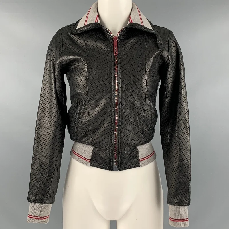 DR ROMANELLI Size S Black Grey Leather Perforated Jacket Fleece Fabric Down Fabric Feather Fabric
