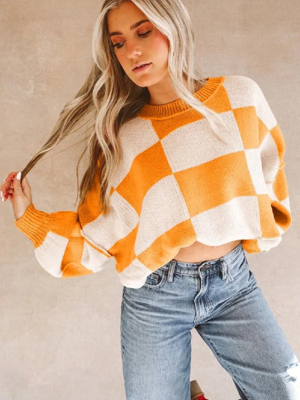 Autumnal Plaid Bishop Sleeve Sweater Wool Sweater Cotton Sweater Cashmere Sweater