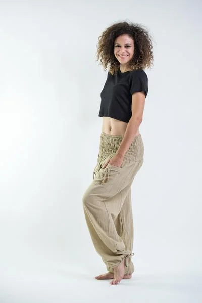 Womens Solid Color Smocked Waist Pants in Tan Classic Flared Pants