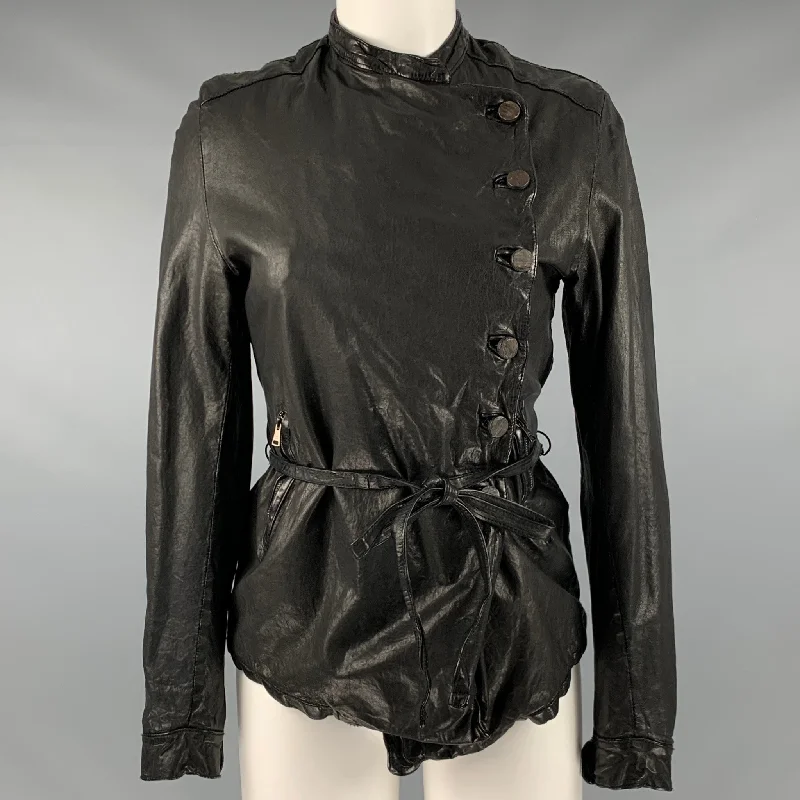 GIORGIO BRATO Size 4 Black Leather Button Up Jacket Satin Jacket Silk Jacket Chiffon Jacket