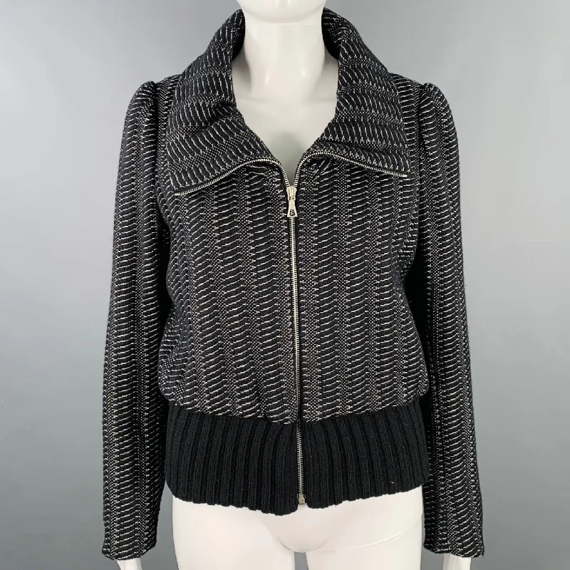 DRIES VAN NOTEN Size S Black White Wool Blend Stripe Zip Up Jacket Wool Jacket Cashmere Jacket Tweed Jacket