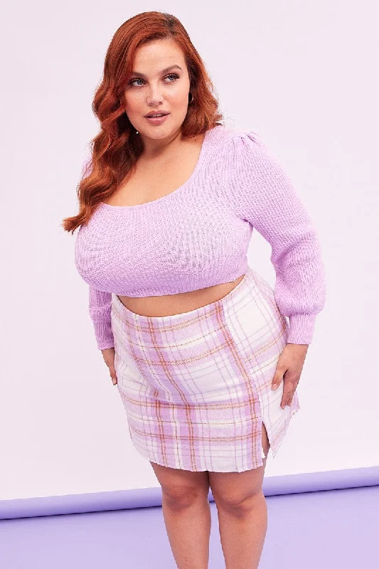 Purple Check Mini Skirt Side Split corduroy skirt durable