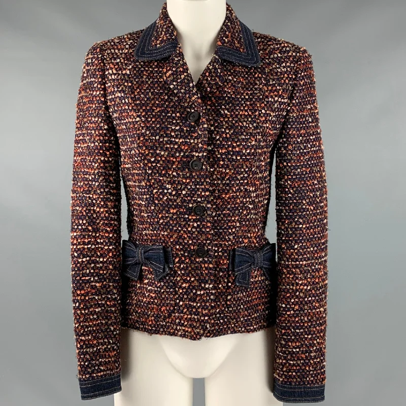 ESCADA Size 4 Navy Orange Wool Blend Textured Jacket Fleece Jacket Down Jacket Feather Jacket