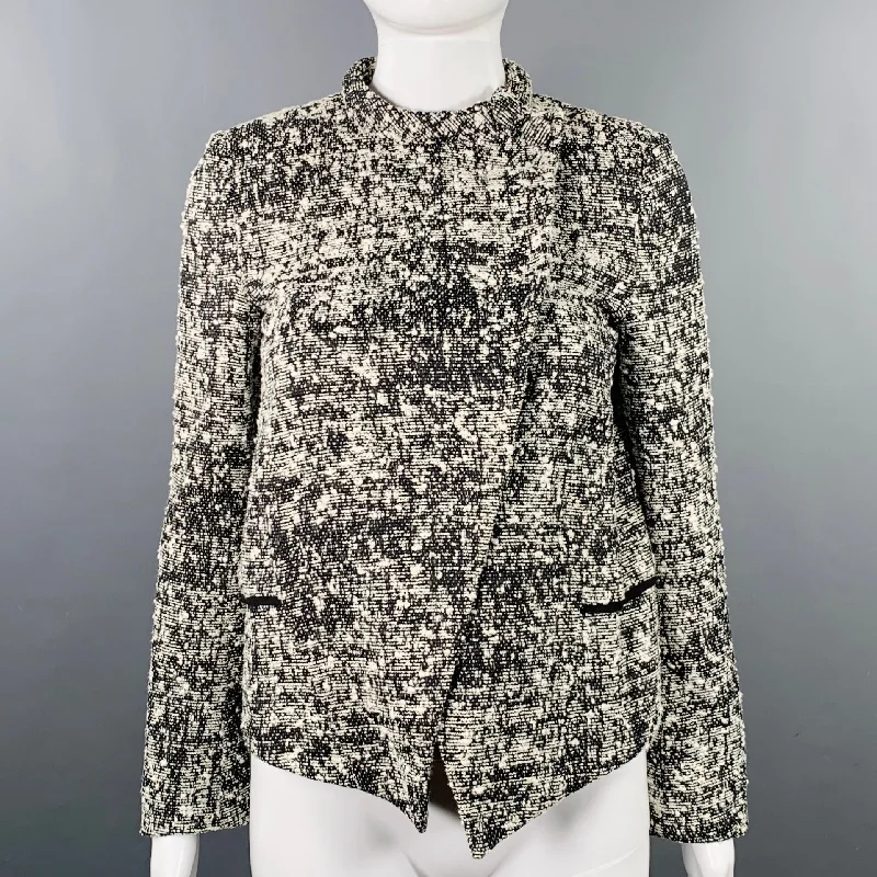 PROENZA SCHOULER Size 2 Black White Cotton Blend Boucle Snaps Jacket Blazer Embroidered Jacket Appliqued Jacket Beaded Jacket